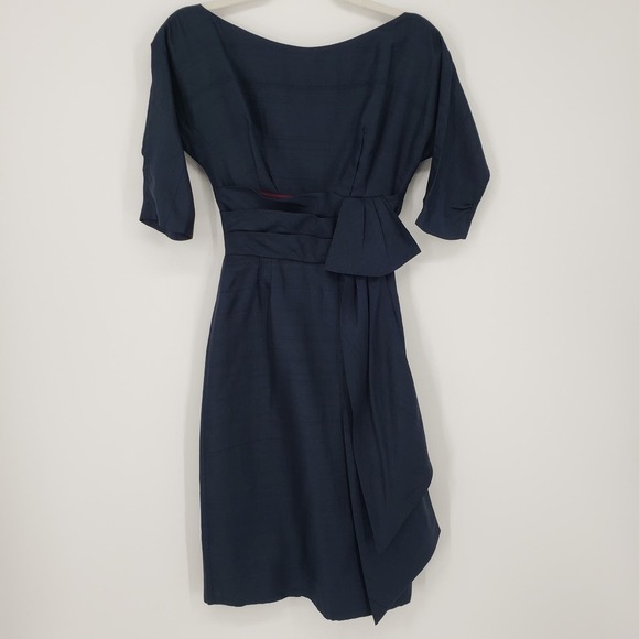 Vintage Miss Elliette Silk Shantung Wiggle Dress 00 Sheath Belted Bateau Navy - Picture 1 of 9